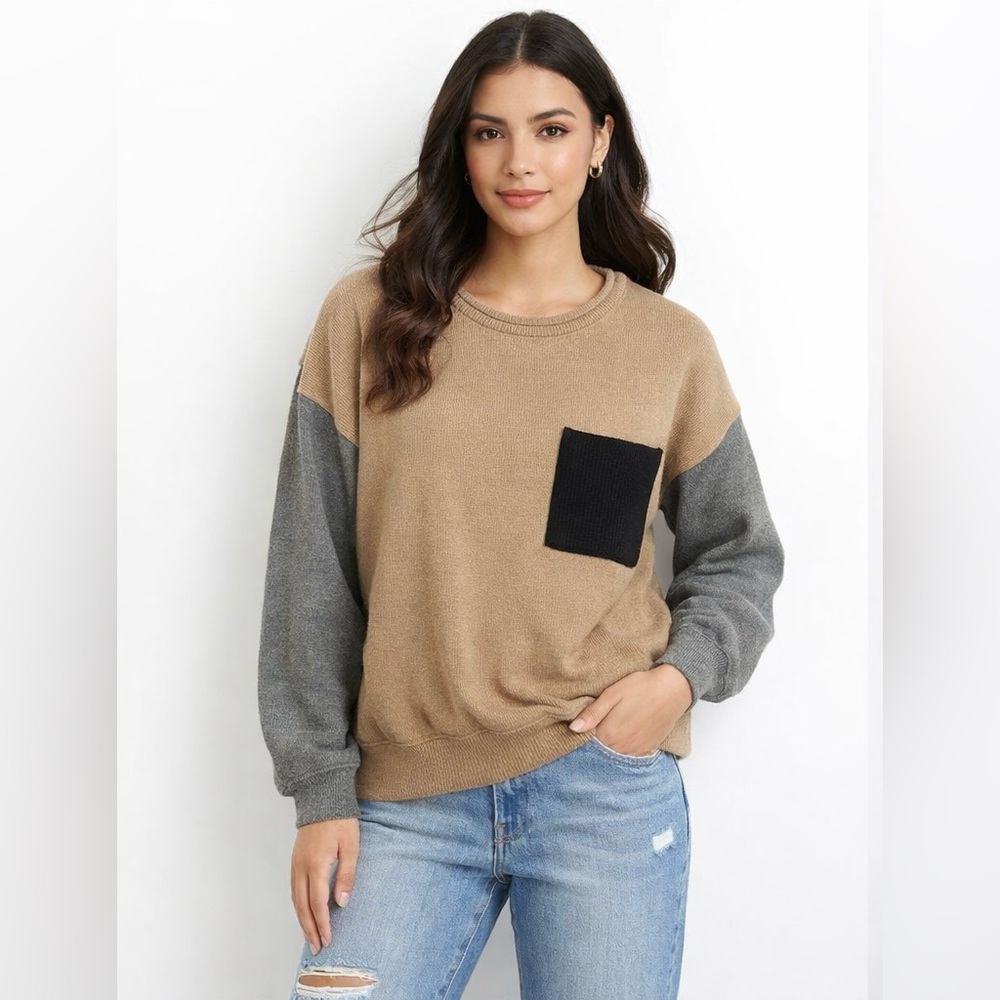 Anthropologie Blu Pepper Tan and Gray Crewneck Sweater with Black Pocket